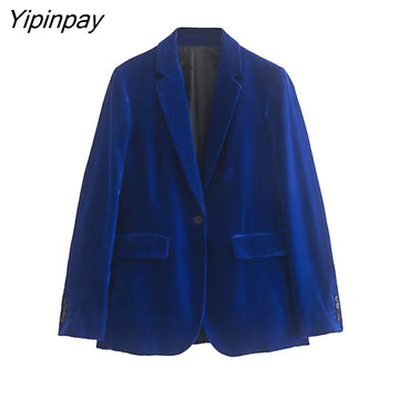 Yipinpay Women Autumn Velvet Blazer Jackets Pants Set 2023 Simple Office Single Button Coat Female Oversize Clothes Outerwear